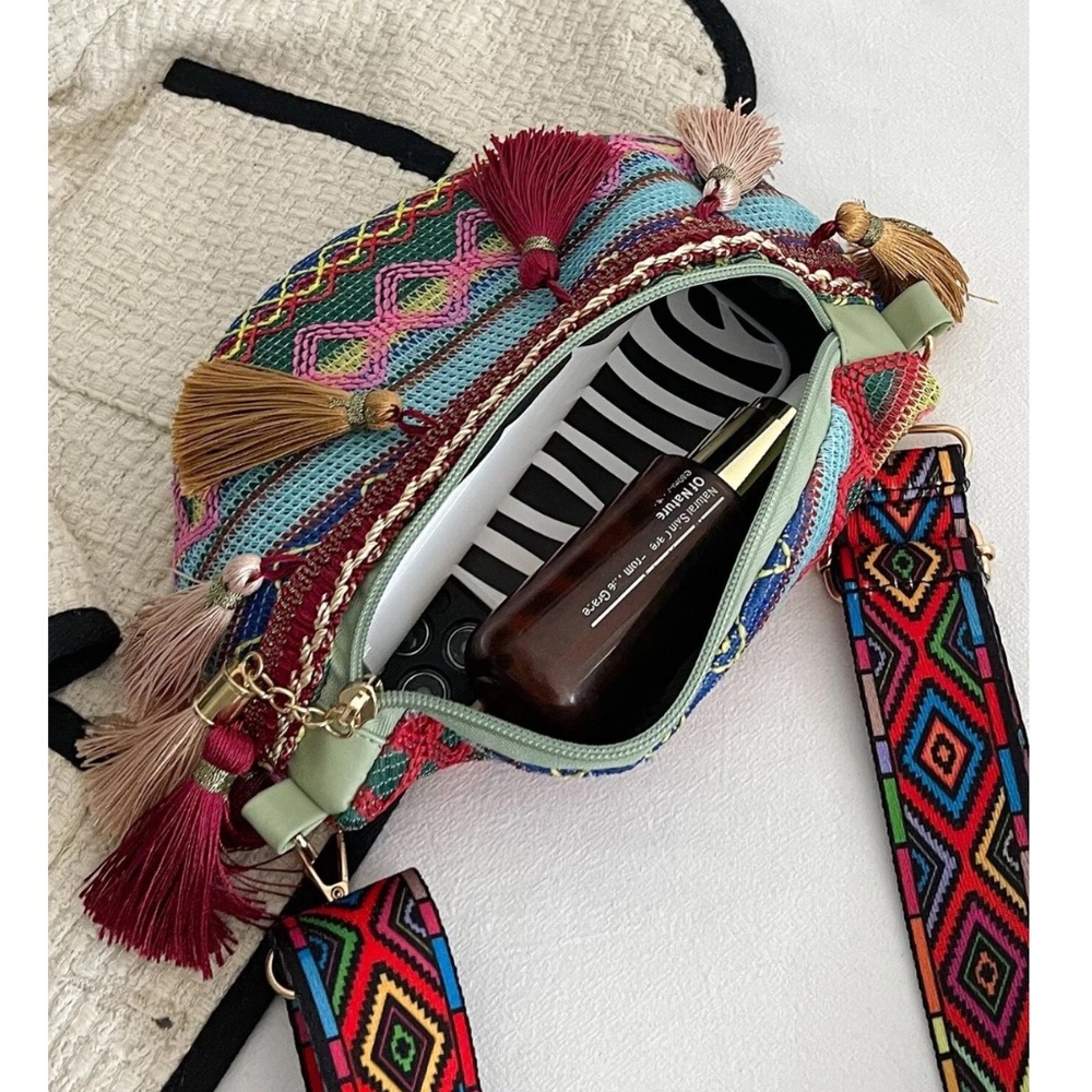 Boho Embroidered Fanny Pack Style Crossbody Bag with Tassels - Picture 13 of 16